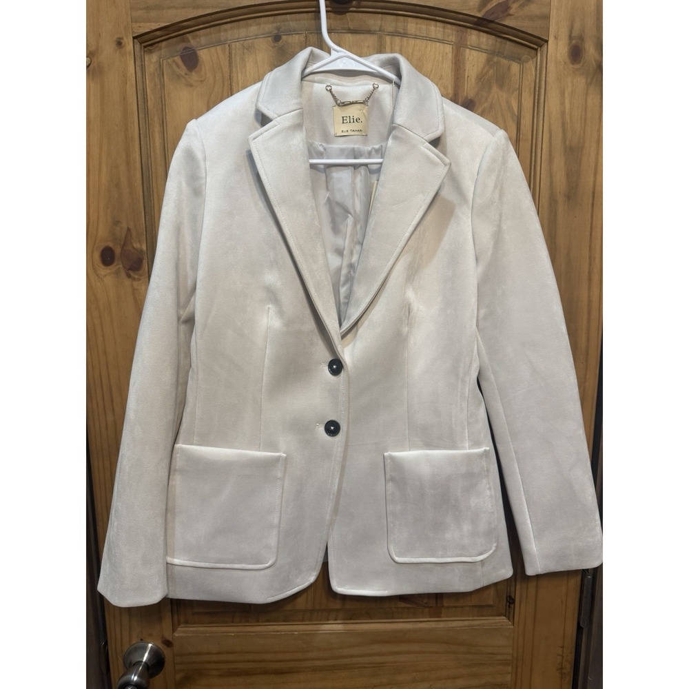 Elie Tahari Velvet Blazer Jacket Women's Medium Light Stone Single Button NWT